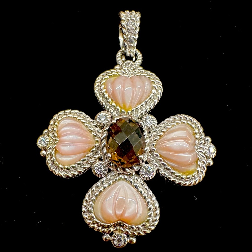 Judith Ripka Sterling Maltese Cross with Mother of Pearl and Smoky Quartz CZ